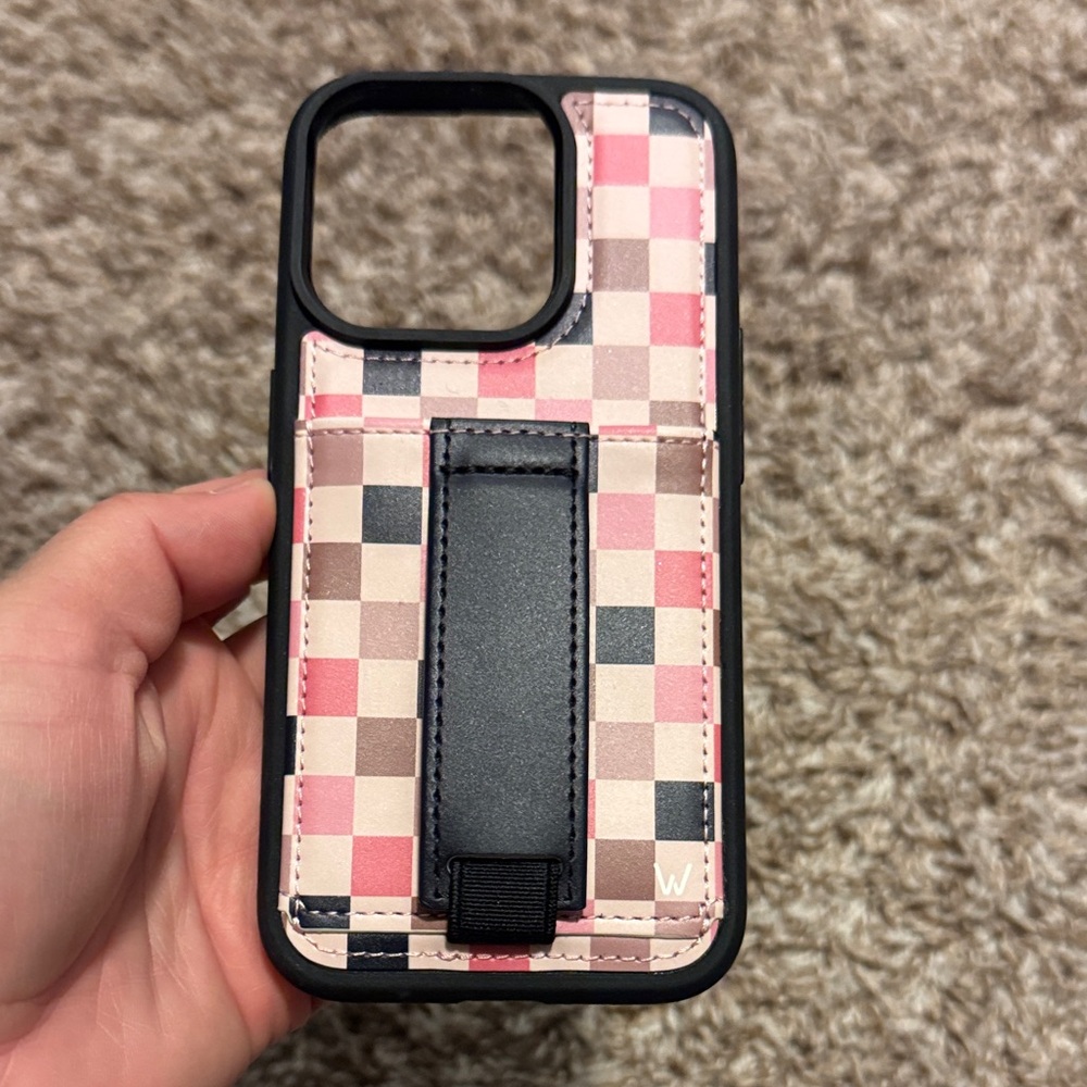 W Checkered Phone Case with Stand - Pink and Black